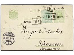 RUMANIA. Mi.132. 1905. VOVOFOIN To GERMANY. 5 Bani Green Stationery Card Uprated By 5 Bani Green Tied With RAILWAY Cance - Autres & Non Classés