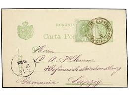 RUMANIA. Mi.132. 1907. BUCAREST To GERMANY. 5 Bani Green Stationery Card Uprated By 5 Bani Stamp Tied By RAILWAY Cancel - Autres & Non Classés