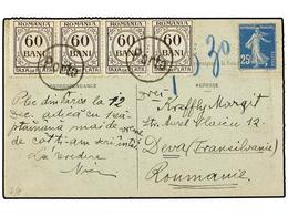 RUMANIA. 1925. PARIS To DEVA (Romania). Postcard Franked By French 25 Cts. Blue Taxed On Arrival With Romanian 60 Bani B - Autres & Non Classés
