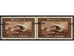 * RUMANIA. Mi.372y Var. 1930. 1 Lev Brown Pair MISPLACED OVERPRINT. Not In Sanabria. RARE. - Autres & Non Classés