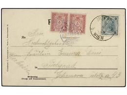 SERBIA. 1903. VIENA (Austria) A BELGRADO. Tarjeta Postal Con Sello De 5 He. Tasada A La Llegada Con Sellos Serbios De 5 - Other & Unclassified