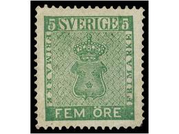 ** SUECIA. Fe.7. 1858. 5 Ore Green, Well Centered, Never Hinged. Short Corner Perforation. - Autres & Non Classés