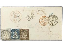 SUIZA. 1862 (Aug 26th). Cover From Meiringen To Belvedere, Illinois, USA With 1856 1fr. Grey And Berne III 1857 5r. Brow - Other & Unclassified