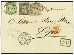 SUIZA. 1871 (May 19). Cover To Lyon Franked By 1867 25c. Green And 1862-64 2c. Grey And 3c. Black Tied By Zurich Cds´s. - Other & Unclassified