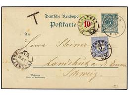 SUIZA. 1891. COLTERN (Alemania) A SUIZA. Entero Postal De 5 Pf. Verde, Tasado A La Llegada Con Sellos Suizos De 3 Rp. Az - Altri & Non Classificati