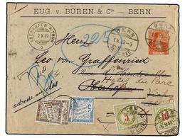 SUIZA. 1909. BERN A FRANCIA. Entero Postal De 10 Cts.  Rojo Reexpedido Varias Veces, Tasado Con Sellos Suizos De 5 Cts. - Altri & Non Classificati