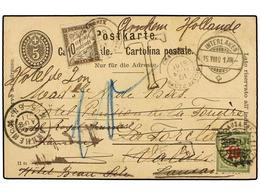 SUIZA. 1910. Multiredirected Postal Stationary Of 5 Rp. Taxed With French 10 Cts. Brown Stamp And Swiss 15 Rp. Green And - Autres & Non Classés