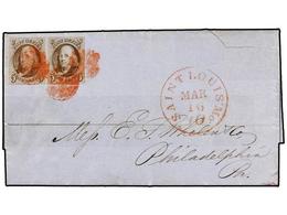 ESTADOS UNIDOS. Sc.1 (2). 1851. ST. LOUIS A PHILADELPHIA. 5 Cents. Red Brown On Bluish Pair With Red GRILL Cancel, Compl - Autres & Non Classés