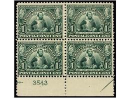 ** ESTADOS UNIDOS. Sc.328 (4). 1907. 1 Ctvo. Green, Block Of Four With Plate Number (3543), Never Hinged. VERY FINE. Sco - Autres & Non Classés