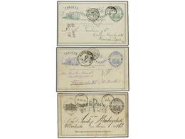 URUGUAY. 1883-84. Tres Enteros Postales De 2 Cts. Negro, 3 Cts. Verde Y 3 Cts. Azul Circulados En El Interior A ARGENTIN - Other & Unclassified
