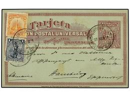 URUGUAY. 1901. MONTEVIDEO A ALEMANIA. Entero Postal De 3 Cts. Lila S. Azul Con Franqueo Adicional De 1 Ctvo. Azul Y 5 Ct - Autres & Non Classés