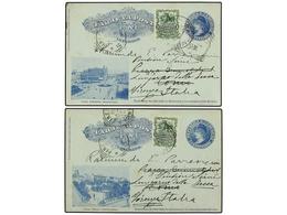 URUGUAY. 1902-1910. Cuatro Enteros Postales De 2 Cts. Azul (3) Y Rojo Con Diversas Vistas Circuladas A ITALIA, GRAN BRET - Autres & Non Classés