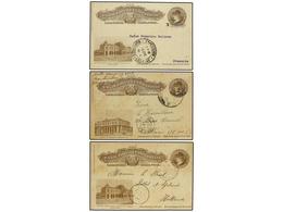 URUGUAY. 1903-19. Tres Enteros Postales De 3 Ctvos. Castaño Circulados En El Interior, Dos De Ellos Con Habilitacion De - Autres & Non Classés