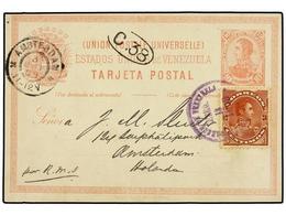 VENEZUELA. 1899. LA GUAYRA A HOLANDA. Entero Postal De 10 Cts. Rosa Con Franqueo Adicional De 5 Cts. Castaño Rojo, Llega - Autres & Non Classés