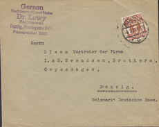 Danzig GERSON & LEVY Rechtsanwalter DANZIG 1923 Cover Brief Denmark 20 M Stamp Single - Storia Postale