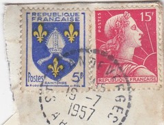 FRAGMENT.  MARIANNE DE MULLER. 15F.  OBLITERATION  PERLE   ARIEGE ST JEAN DE VERGES  19/7/1957  / 2 - Sonstige & Ohne Zuordnung