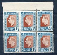 SOUTH AFRICA 1937 KING GEORGE 6th CORONATION VARIETY HYPHEN OMITTED BLOCK OF 6 - Unclassified