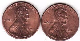 United States, 2 Different 1 Cent Lincoln 2001 + 2001 D - 1959-…: Lincoln, Memorial Reverse