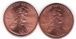 United States, 2 Different 1 Cent Lincoln 2000 + 2000 D - 1959-…: Lincoln, Memorial Reverse