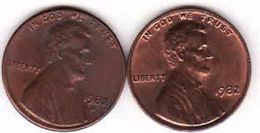 United States, 2 Different 1 Cent Lincoln 1982 + 1982 D - 1959-…: Lincoln, Memorial Reverse