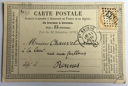 CARTE PRÉCURSEUR De SAINT BRIEUC Pour RENNES Avec Affranchissement Type Cérès Du 31 Janvier 1874 - Precursor Cards