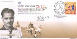 India Hockey Special Cover, Major Dhyan Chand Sing , The Hockey Wizard, Isuued On National Sports Day, Inde Indien - Rasenhockey