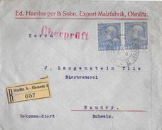 BRIEFZENSUR 2 X 25 Kreuzer &rarr; R-Brief Malzfabrik OLMÜTZ Anno 1915 Nach BOUDRY/Suisse - Storia Postale