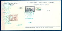 1948 , COLOMBIA , IX CONFERENCIA INTERNACIONAL AMERICANA , MATASELLOS DE PRIMER DIA , SOBRE DEL BANCO POSTAL DE COLOMBIA - Colombia