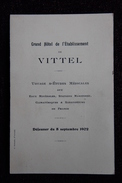 Delcampe - VITTEL - Très Beau Menu Pliant, Publicitaire, Servi Au Grand Hôtel De L'Etablissement De VITTEL, Le 8 Septembre 1902 - Menus