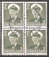 Greenland 1950 King Frederik IX, 1øre, Mi 28 Bloc Of Four, Canclled(o) - Gebruikt