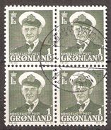 Greenland 1950 King Frederik IX, 1øre, Mi 28 Bloc Of Four, Canclled(o) - Used Stamps
