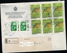 San Marino 1988 Busta Raccomandata Con Blocco Di 6 "1985 Campionati Mondiali Di Pesca" Più Val Compl. Per Tariffa  ° VFU - Brieven En Documenten