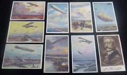 WWI Coloured Postcards Of Zeppelins (6) Or Planes In Flight (4), Four Other War Time Sepia Cards. - Other & Unclassified