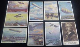 WWI Coloured Postcards Of Zeppelins (6) Or Planes In Flight (4), Four Other War Time Sepia Cards. - Otros & Sin Clasificación