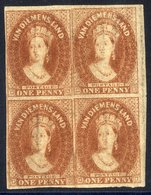 1857 1d Deep Red Brown Double Fine Numeral '1' Wmk Inverted Block Of Four, With Good To Large Margins Heavily Toned Brow - Autres & Non Classés