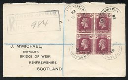 1928 Registered Cover To Scotland With 6d Block Of Four Cancelled Boddentown OC.15.28, Grand Cayman Registration Etiquet - Autres & Non Classés