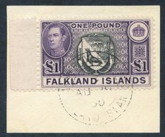 1944 Printing £1 Grey-black & Bluish-violet, Left Marginal Example Tied To Piece By Light Fox Bay FB.1 'AU 19/50' C.d.s, - Autres & Non Classés