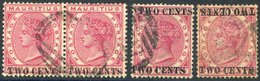 1891 2c On 4c Carmine, VFU Pair, SG.118, Single Optd Double, Another Optd Double One Inverted, Good U, SG.118/a/c. (4) C - Other & Unclassified