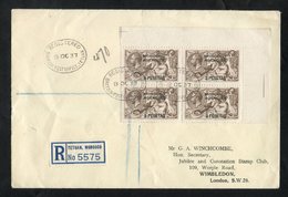 1937 Registered Envelope To London With 3pesetas On 2/6d Chocolate Brown Top Right Corner Block Of Four (SG.142), Tied B - Other & Unclassified