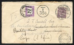 1922 Underpaid Envelope To Belgium Congo With A 2d Cancelled Cape Town 1.JUL.22. A 35c Tax Mark Denotes Underpayment And - Other & Unclassified