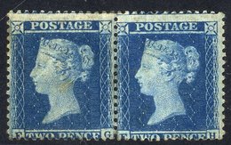 1855 Wmk Large Crown P.14 2d Blue Pl.5 FG/FH Horizontal Pair, Unused (traces Of Gum), FG Mark On Queen's Neck, Centred L - Altri & Non Classificati