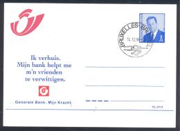 Belgium 1997 Postal Stationery Card: NL9414 Variety - Dutch Language;  Change Adress Card; Generale Bank - Aviso Cambio De Direccion