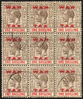 5437 1919 1s Grey-black And Carmine Opt'd "WAR TAX", SG 104, Very Fine Cds Used BLOCK OF NINE. A Scarce Multiple Of This - Other & Unclassified