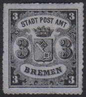 6279 BREMEN 1864 3Gr Black On Blue Grey, Vertically Laid Paper, Rouletted 16, Michel 6x, Very Fine Unused, Signed Richte - Other & Unclassified