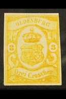 6291 OLDENBURG 1861 3 Gr Greyish Yellow, Mi 14, Fine Mint Og, Clear Margins To 3 Sides Just Shaves Top Right Frame. For - Other & Unclassified