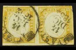 6700 SARDINIA 1855-63 10c Giallo Olivastro (1862 Printing), Sassone 14Dc, Fine Used Horizontal PAIR With Nice Fully Date - Unclassified