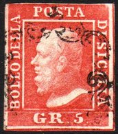 6707 SICILY 1859 5gr Rose Carmine, Plate I, Sass 9, With Clear Margins All Round, Light Cancel And Beautiful Bright Impr - Unclassified
