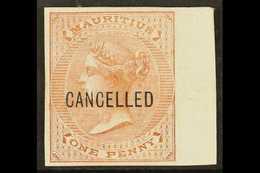 7077 1863 1d Brown De La Rue (SG 57) IMPERF PLATE PROOF Overprinted "Cancelled" On White Surfaced Paper With 4 Good Marg - Mauritius (...-1967)