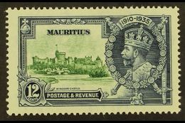 7093 1935 Silver Jubilee 12c Green And Indigo With Diagonal Line By Turret Variety, SG 246f, Very Fine Mint. For More Im - Mauritius (...-1967)