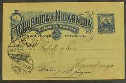 7250 1895 (18 May) 3c Blue Postal Card From Rivas To Germany, Variously Cancelled Incl NY Foreign Transit Cds & Hamburg - Nicaragua